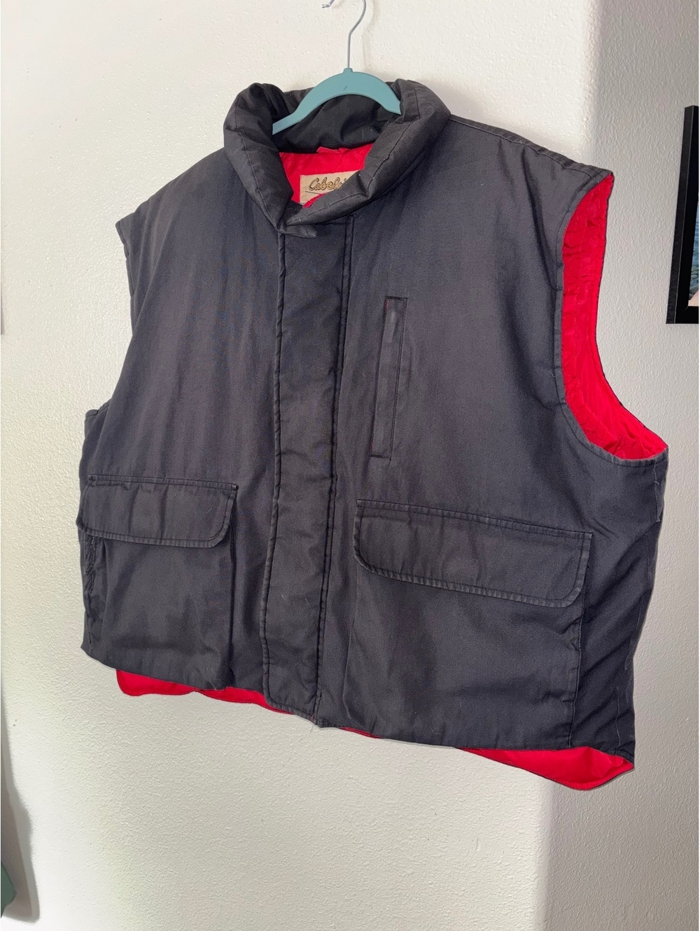 Vtg Cabelas Goose Down Puffer Vest Gray Red Lining Men's Plus Size 3XL Heavy